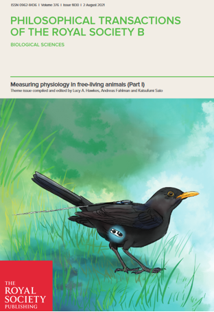 Figure 2: The front cover of a special issue on measuring physiology in a free-living animals (Part I), Blackbird (Turdus merula) with implanted heart rate logger and tracking tag. Artwork by Yifan Pei